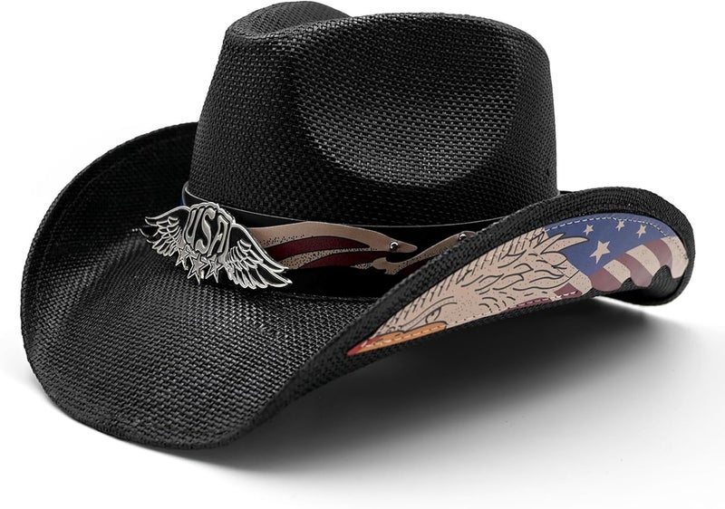 Foeran Men's Women's Straw Cowboy Hat Cowgirl Woven Sun Hat Western Cowboy Hat Two Decorative Bands - Image 1